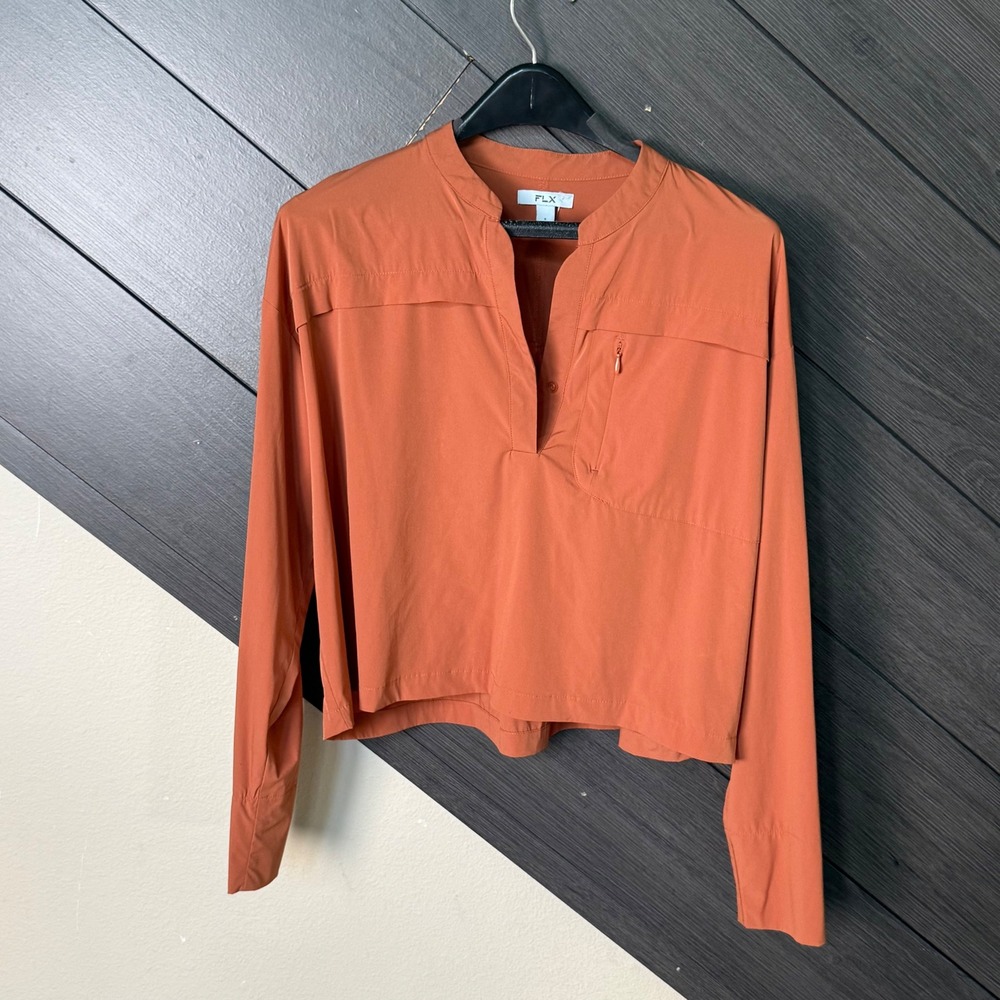 FLX Women's Cropped Performance Pullover Top Rust Orange Long Sleeve Size S